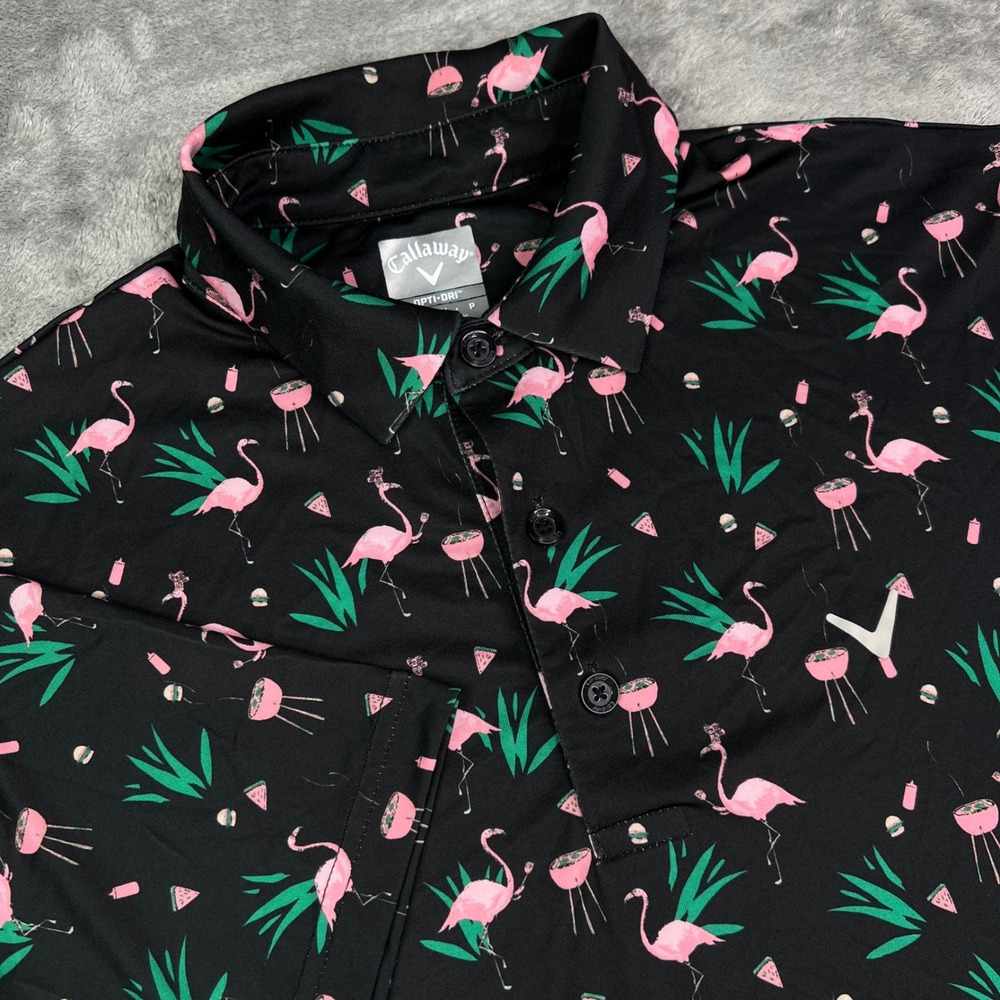 Callaway Golf Polo Shirt Men S Black Flamingo Print Opti-Dri Stretch Performance